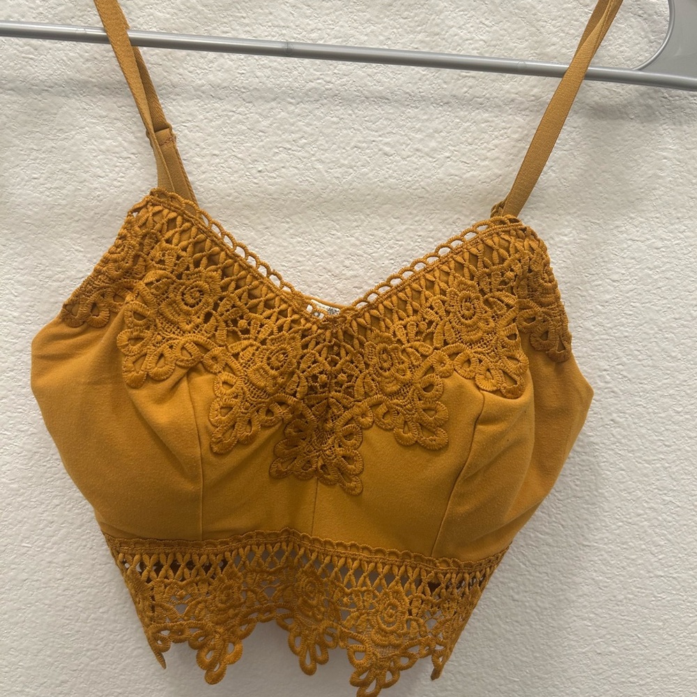 Mustard Lace Trim Crop Top